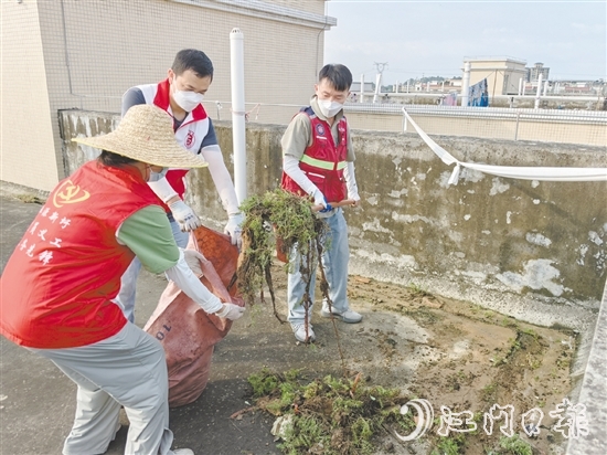 廣大黨員干部當先鋒，圖為鶴山市桃源鎮(zhèn)黨員干部正在清理天臺垃圾。