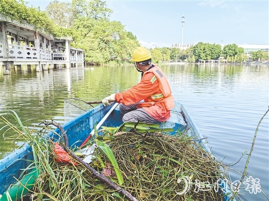鶴山市對公園、景區(qū)開展環(huán)境治理，清理岸坡垃圾雜草和水面漂浮物。